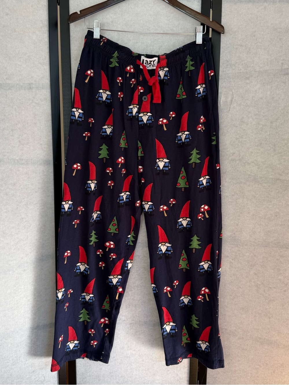 Lazy One Gnome Christmas Pajama Sleep Pants Medium 100% Cotton Navy Mushroom